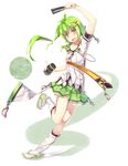  cup fan fang full_body green_eyes green_hair hair_ornament hairclip highres kneehighs long_hair looking_at_viewer original pleated_skirt side_ponytail skirt solo syobonne teacup transparent_background yellow_eyes 