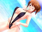  1girl adjusting_clothes adjusting_swimsuit aneimo_neo_+_second_sister beach blush breasts brown_eyes brown_hair cloud clouds covered_nipples erect_nipples game_cg highres large_breasts legs long_hair looking_at_viewer navel ocean open_mouth ponytail shinonome_kasuhiko shinonome_kazuhiko sky smile standing swimsuit thighs water wink 