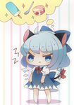  1girl ahoge animal_ears cat_ears cat_tail chibi cirno dress dress_tug food ice ice_cream ice_wings imagining nyannyannyannyan popsicle pout ribbon solo tail touhou wings 