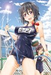  absurdres black_hair broom brown_eyes cameltoe chain-link_fence fence highres hose impossible_clothes impossible_swimsuit long_hair multiple_girls one-piece_swimsuit original purple_eyes school_swimsuit shiny shiny_clothes short_hair skindentation swimsuit takagi_goya water wet wet_clothes 
