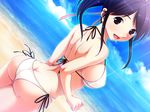  1girl aneimo_neo_+_second_sister ass back bare_shoulders beach bikini blue_hair breasts cloud clouds game_cg happy highres large_breasts long_hair looking_back ocean open_mouth pink_eyes ponytail shinonome_kasuhiko shinonome_kazuhiko sideboob sky smile solo standing sunlight swimsuit thighs water 