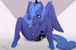  anthro anthrofied blue_fur blue_hair breasts crown cutie_mark equine feathers female friendship_is_magic fur hair horn long_hair looking_at_viewer mammal my_little_pony nipples nude princess_luna_(mlp) purple_nipples pussy smile solo spreading teal_eyes winged_unicorn wings zeiro 