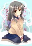  amanayori black_hair clannad highres hikarizaka_private_high_school_uniform ibuki_fuuko long_hair pantyhose school_uniform sitting wariza yellow_eyes 