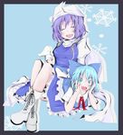  ankle_socks arm_support blue_background blue_eyes blue_hair boots bow brooch cirno closed_eyes cross-laced_footwear crossed_legs dress facing_viewer frame hair_bow hat head_rest high_collar jewelry juliet_sleeves kuroneko_(kuroi-neko) lavender_hair letty_whiterock long_sleeves looking_at_viewer lying_on_lap lying_on_person multiple_girls no_shoes open_mouth puffy_sleeves ribbon shawl short_hair simple_background sitting snowflakes touhou 