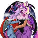  &lt;3 arnachy bat_wings blush breasts cleavage clothed clothing costume duo equine female friendship_is_magic hair horn horse hug lilith_aensland lipstick mammal morrigan_aensland multi-colored_hair my_little_pony pony princess_cadance_(mlp) purple_eyes purple_hair standing twilight_sparkle_(mlp) winged_unicorn wings 
