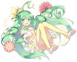  alraune_(p&amp;d) antenna_hair aqua_eyes aqua_hair bare_shoulders dress flower kaki_s long_hair looking_at_viewer open_mouth plant_girl puzzle_&amp;_dragons smile solo thighhighs wand white_dress 