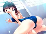  1girl aneimo_neo_+_second_sister ass back blue_hair blush breasts cameltoe feet game_cg highres legs long_hair looking_back medium_breasts open_mouth pink_eyes ponytail shinonome_kasuhiko shinonome_kazuhiko sideboob sitting smile sunlight swimsuit thighs toes wet window 
