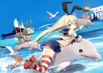  bird black_panties blonde_hair blue_eyes blush breasts crop_top crop_top_overhang dolphin elbow_gloves gloves hairband highres kantai_collection lifebuoy long_hair looking_at_viewer looking_back midriff panties rensouhou-chan seagull sheska_xue shimakaze_(kantai_collection) skirt small_breasts solo striped striped_legwear thighhighs underboob underwear water white_gloves 