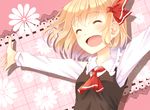  ascot blonde_hair blush closed_eyes floral_background floral_print flower hair_ribbon happy hazakura_satsuki lace long_sleeves open_mouth outstretched_arms pink_background ribbon rumia shirt short_hair smile solo touhou white_shirt 