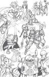  5girls ayla_(chrono_trigger) boned_meat cape chrono_trigger collage crono energy_sword everyone fighting_stance flea_(chrono_trigger) food full_body highres holding holding_sword holding_weapon kaeru_(chrono_trigger) lucca_ashtear magus marle md5_mismatch meat monochrome multiple_boys multiple_girls nu queen_zeal robert_porter robo schala_zeal science_fiction simple_background sketch standing sword weapon white_background 