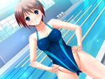  1girl aneimo_neo_+_second_sister bare_shoulders blue_eyes blush breasts brown_hair cameltoe cleavage game_cg hair_ornament hairclip hands_on_hips highres large_breasts legs looking_at_viewer navel pool shinonome_kasuhiko shinonome_kazuhiko short_hair standing swimsuit thighs water 