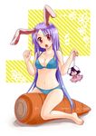  :&gt; animal_ears asymmetrical_bangs bangs barefoot bikini blue_bikini blush breasts bunny_ears carrot character_doll chibi cleavage collarbone d: hair_ornament hairpin highres inaba_tewi kneeling long_hair medium_breasts monrooru nail_polish navel open_mouth oversized_object purple_hair red_eyes reisen_udongein_inaba riding solo swimsuit toenail_polish touhou very_long_hair 