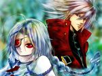  1girl ahoge blazblue cape eyepatch hair_weapon heterochromia nu-13 ragna_the_bloodedge red_eyes silver_hair 