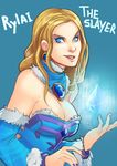  blonde_hair blue_eyes breasts brooch cleavage defense_of_the_ancients detached_sleeves dota_2 dress earrings eyebrows greenmarine ice_crystal jewelry long_hair nail_polish rylai_crestfall solo strapless strapless_dress 