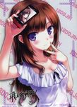  absurdres artist_name breasts brown_hair cellphone cleavage copyright_request dress highres hiten_(hitenkei) medium_breasts phone purple_eyes scan signature smartphone solo taking_picture upper_body v 