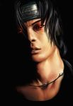  black_background black_hair commentary derivative_work english_commentary glowing glowing_eyes headband jewelry male_focus naruto naruto_(series) necklace portrait realistic red_eyes saeed_jalabi sharingan solo uchiha_itachi 