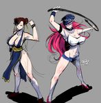  alternate_costume areola_slip areolae bare_shoulders big_hair blue_shorts breasts brown_hair chun-li cleavage covered_nipples denim denim_shorts final_fight grey_background huge_breasts multiple_girls pelvic_curtain poison_(final_fight) rickert_kai sash short_hair short_shorts shorts sideboob simple_background smile street_fighter thighs whip 