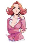  2013 blazer breasts brown_eyes cleavage dated flipped_hair gyakuten_saiban gyakuten_saiban_1 jacket large_breasts pink_hair shochiku_umeyo short_hair solo suzuki_hayase white_background 