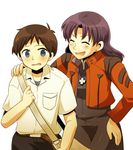  1boy 1girl blue_eyes brown_hair highres ikari_shinji katsuragi_misato kinosaki_(green_patio) neon_genesis_evangelion purple_hair simple_background 