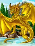 bathing blue_sky claws cloud clouds cum dragon drooling erection feral forest glans gold_dragon gold_scales golden golden_dragon green_eyes horn looking_at_viewer looking_back male mountain naughty_face penis precum saliva scales scalie solo spikes spread_wings tongue tongue_out tree water western_dragon wings yamigriffin yellow_dragon 