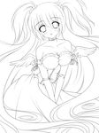  absurdly_long_hair absurdres bare_shoulders breasts choker cokua dress greyscale highres lineart long_hair looking_at_viewer medium_breasts monochrome original solo v_arms very_long_hair wings 