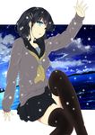  absurdres black_hair black_legwear blue_eyes highres hyasumasa kirigaya_suguha night night_sky ocean outstretched_hand school_uniform skirt sky snowing sword_art_online thighhighs zettai_ryouiki 