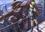 armored_core armored_core:_for_answer arms_fort backpack bag bike_shorts black_gloves blue_eyes blue_hair blush building city crossover fence gloves hair_bobbles hair_ornament hat headset kawashiro_nitori kurione_(zassou) mecha open_mouth shadow short_hair shorts sky sleeves_rolled_up solo spirit_of_mother_will supplice touhou twintails water 