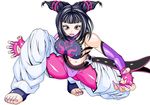  1girl :d black_hair cameltoe elbow_gloves female fingerless_gloves gloves han_juri highres looking_at_viewer midriff nail_polish open_mouth purple_eyes purple_nails shiny shiny_clothes smile solo spread_legs squatting street_fighter street_fighter_iv super_street_fighter_iv toenail_polish toes 