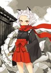  animal_ears fox_ears fox_tail japanese_clothes katana kitsune long_sleeves looking_at_viewer nosuku original red_eyes red_scarf scarf short_eyebrows short_hair slit_pupils smile solo sword tail weapon white_hair wide_sleeves youkai 
