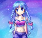  bare_shoulders blue_eyes blue_hair braid collarbone hair_ornament hairclip hands_in_pockets long_hair midriff navel neptune_(planet) original personification planet sidelocks solo star_(sky) twin_braids wanram wavy_hair 