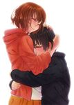  1girl black_eyes black_hair blush brown_hair closed_eyes couple gingitsune_(ochiai_sayuri) hetero hood hoodie hug itsu_(ami) kamio_satoru saeki_makoto short_hair simple_background white_background 