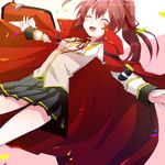  ahoge blazblue blazblue_phase_0 blush brown_eyes brown_hair cape celica_a_mercury closed_eyes hair_ribbon jacket jacket_on_shoulders long_hair open_mouth pleated_skirt ponytail ribbon school_uniform shiinaki skirt smile 