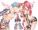  2boys bikini_top blue_hair broken_heart couple funpjinju goggles goggles_on_head hair_ornament hetero imminent_kiss kamina multiple_boys pale_face ponytail red_hair scarf shirtless short_shorts shorts simon skull_hair_ornament smile tattoo tengen_toppa_gurren_lagann thighhighs yoko_littner 