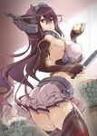  anchor bare_shoulders belt black_legwear breasts brown_hair cooking elbow_gloves fingerless_gloves gloves hair_ornament hairband headgear kantai_collection knife large_breasts long_hair nagato_(kantai_collection) navel open_mouth shiny shiny_skin skirt solo thighhighs thomasz yellow_eyes 