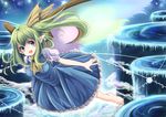  :d barefoot blue_eyes daiyousei dress fairy_wings flying green_hair large_wings open_mouth runathito short_hair side_ponytail smile solo touhou wings 