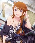  artist_request blue_eyes blush bracelet breasts brown_hair casual clothes_writing idolmaster idolmaster_million_live! jewelry long_hair medium_breasts necklace no_bra off_shoulder official_art shirt solo sparkle t-shirt tokoro_megumi 