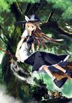  apron bad_id bad_pixiv_id black_dress blonde_hair bow broom broom_riding brown_eyes dress flying forest hat hat_bow highres kirisame_marisa lantern long_hair nature open_mouth puffy_sleeves shirt short_sleeves smile solo squirrel tetsurou_(fe+) touhou white_bow witch_hat 