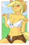  anthro anthrofied applejack_(mlp) big_breasts blonde_hair blush breasts cleavage clothed clothing equine erect_nipples eyes_closed female freckles friendship_is_magic hair horse long_hair mammal my_little_pony navel nipples outside panties pony solo sweat the-unicorn-lord underwear 