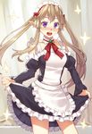  bare_shoulders blonde_hair blush detached_sleeves elf kibanda_gohan long_hair looking_at_viewer maid myucel_foalan open_mouth outbreak_company pointy_ears purple_eyes skirt skirt_lift solo twintails 