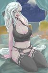  bad_id bad_pixiv_id black_legwear blue_eyes breasts cleavage covered_nipples diana_(league_of_legends) finger_in_mouth garter_belt highres huge_breasts league_of_legends long_hair looking_at_viewer moon navel night smile solo thighhighs tongue trombe very_long_hair white_hair 