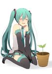  aqua_hair blush closed_eyes harusawa hatsune_miku hello_planet_(vocaloid) long_hair necktie plant sitting smile solo tears twintails vocaloid wariza 