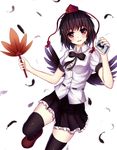  black_hair black_legwear black_wings breasts camera fan feathers hat hauchiwa looking_at_viewer medium_breasts meng_xiao_jiong red_eyes shameimaru_aya shirt short_hair skirt smile solo thighhighs tokin_hat touhou wings 