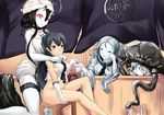  4girls =_= agano_(kantai_collection) anchor battleship_hime black_eyes black_hair blush bottomless bow bow_panties breasts closed_eyes commentary dress gloves groin hand_on_own_cheek highres horns kantai_collection long_hair medium_breasts multiple_girls naked_towel necktie no_panties oni_horns open_mouth pale_skin panties panties_removed pink_panties red_eyes shinkaisei-kan sitting sleeveless smile stool ta-class_battleship thigh_strap torn_clothes towel towel_on_head underwear wo-class_aircraft_carrier 