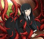  1girl all_fours black_hair darker_than_black formal hazuki_mina_(darker_than_black) long_hair necktie purple_eyes suit tentacle 