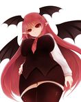  arano_oki bat_wings black_legwear breasts demon_girl from_below head_wings highres koakuma large_breasts long_hair necktie pointy_ears red_eyes red_hair red_neckwear simple_background solo succubus thighhighs touhou white_background wings zettai_ryouiki 