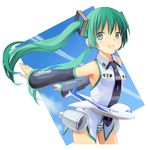  aircraft airplane detached_sleeves floating_hair green_eyes green_hair hatsune_miku headset highres kari_kenji long_hair necktie no_pants open_mouth panties solo striped striped_panties twintails underwear very_long_hair vocaloid 