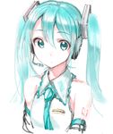  blush green_eyes green_hair hatsune_miku headphones headset kirisawa_saki long_hair necktie simple_background solo twintails vocaloid white_background 