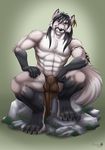  abs anthro biceps black_fur black_hair black_nose blue_eyes bulge canine chest_tuft claws crouching ear_piercing fox fur furrybob grey_fur grin hair loincloth looking_at_viewer male mammal mhisani muscles pecs piercing pose rock sitting smile solo spread_legs spreading toe_claws toned topless tuft 