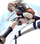  :o backpack bag black_eyes black_serafuku black_skirt blush brown_eyes brown_hair cannon from_below hurdle jumping kantai_collection kneehighs loafers machinery neckerchief open_mouth panties pleated_skirt red_neckwear school_uniform serafuku shiratsuyu_(kantai_collection) shoes short_hair short_sleeves skirt sleeve_cuffs solo thigh_strap track_and_field turret underwear upskirt v-shaped_eyebrows wakie white_panties 
