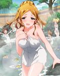  aqua_eyes blonde_hair blush breasts brown_hair emily_stewart futami_ami idolmaster idolmaster_(classic) idolmaster_million_live! large_breasts long_hair looking_at_viewer multiple_girls naked_towel official_art shinomiya_karen side_ponytail towel wet white_towel yokoyama_nao 